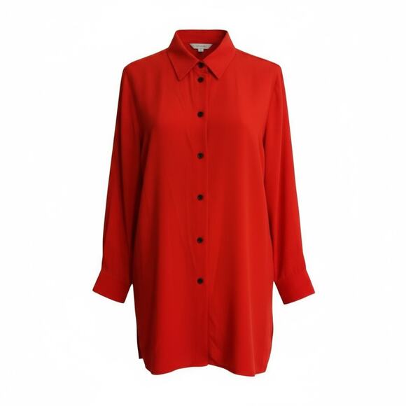Linda Allard Ellen Tracy Red 100% Silk Button Front Tunic Dress Size 10 - Picture 6 of 14